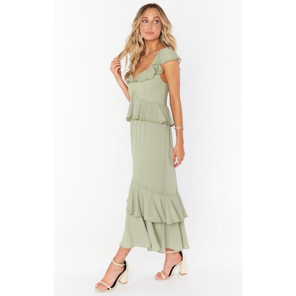 Show Me Your Mumu Reese Ruffle Dress Moss Green Crisp XS - Picture 4 of 9